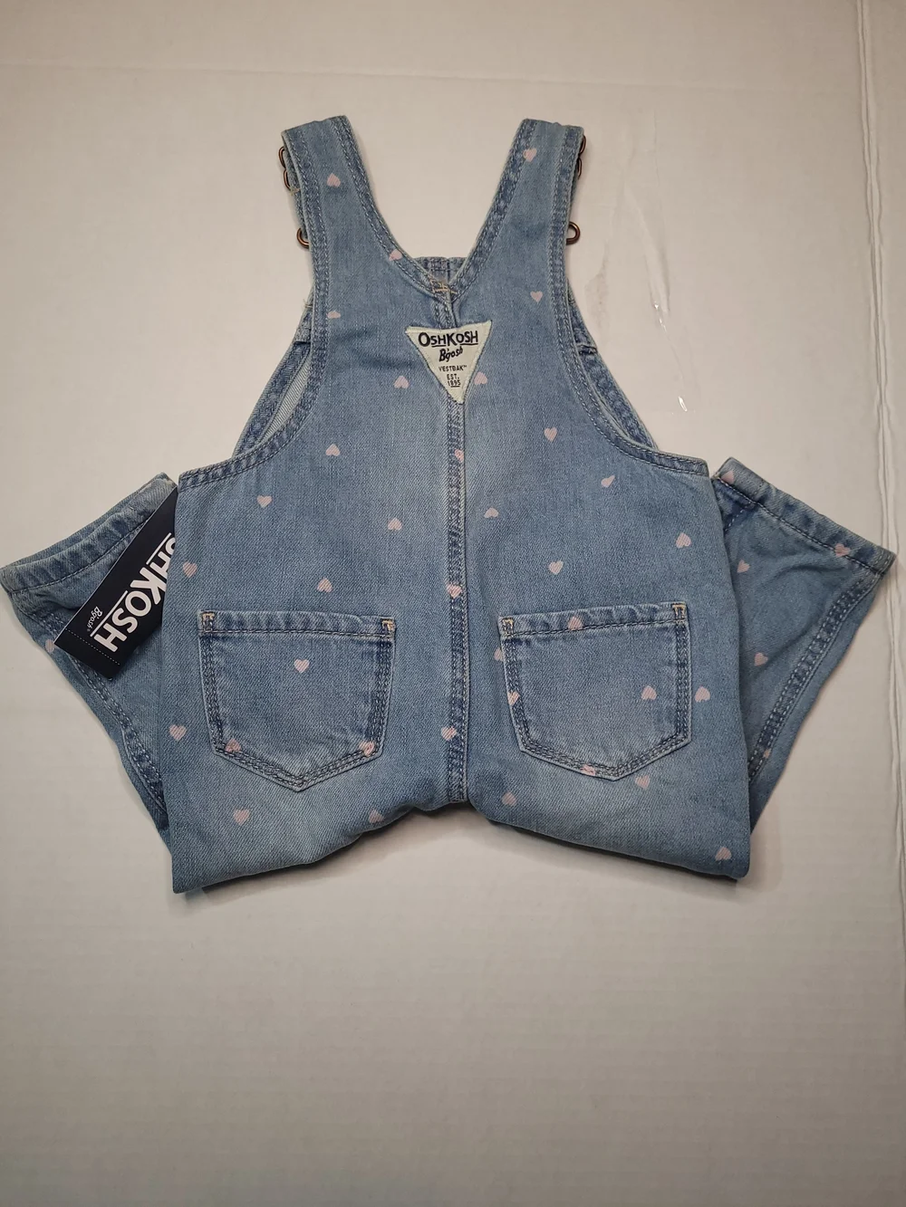 NWT OshKosh B'gosh Light Blue Denim Overalls with Pink Heart Print SIZE 9
